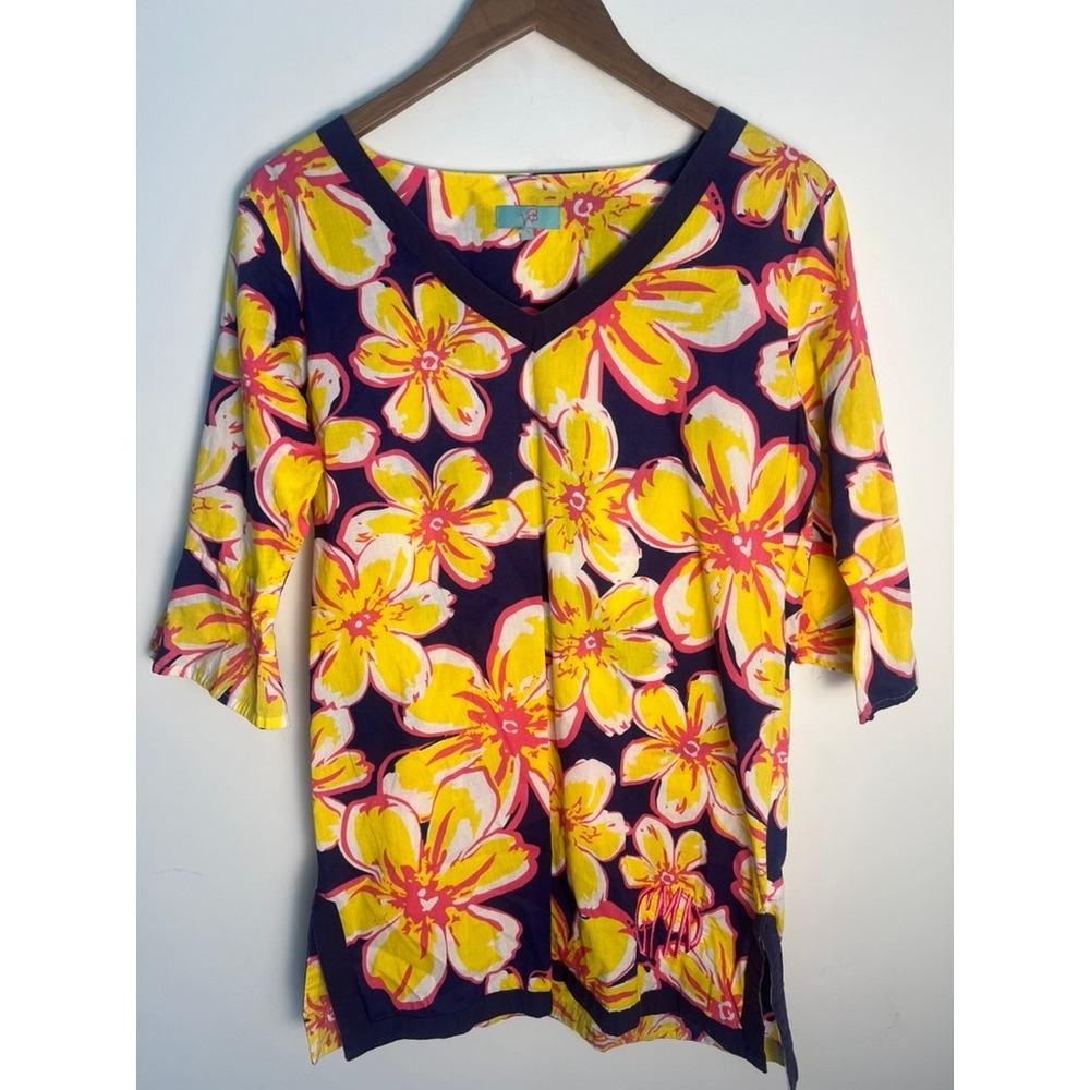 WB Wonderly Floral Tunic Top W Sm Navy Blue‎ Yellow Pink Cotton V-Neck Resort GM